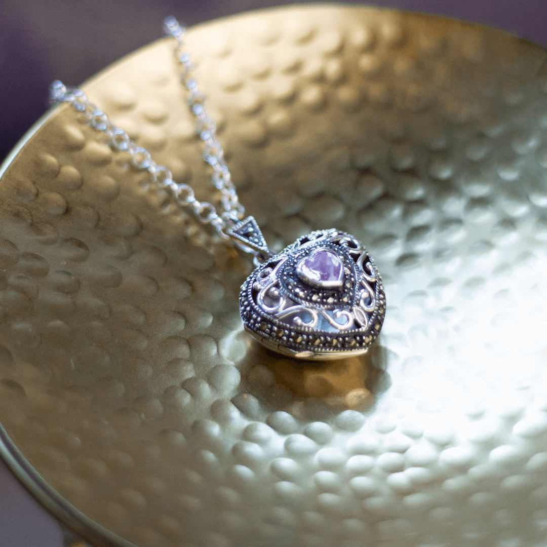 lily Blanche Vintage Heart Locket in Amethyst on Belcher chain
