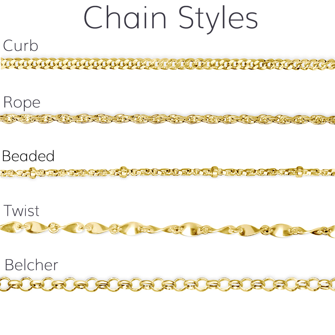Lily Blanche chain styles in gold in a grid style with chain type names