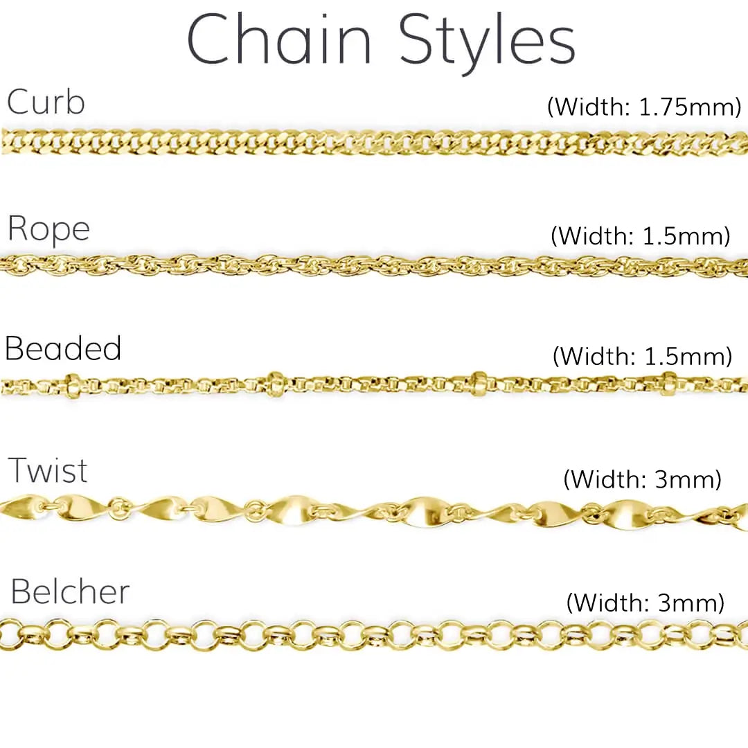 Comparison of different gold chain styles with their widths on a white background