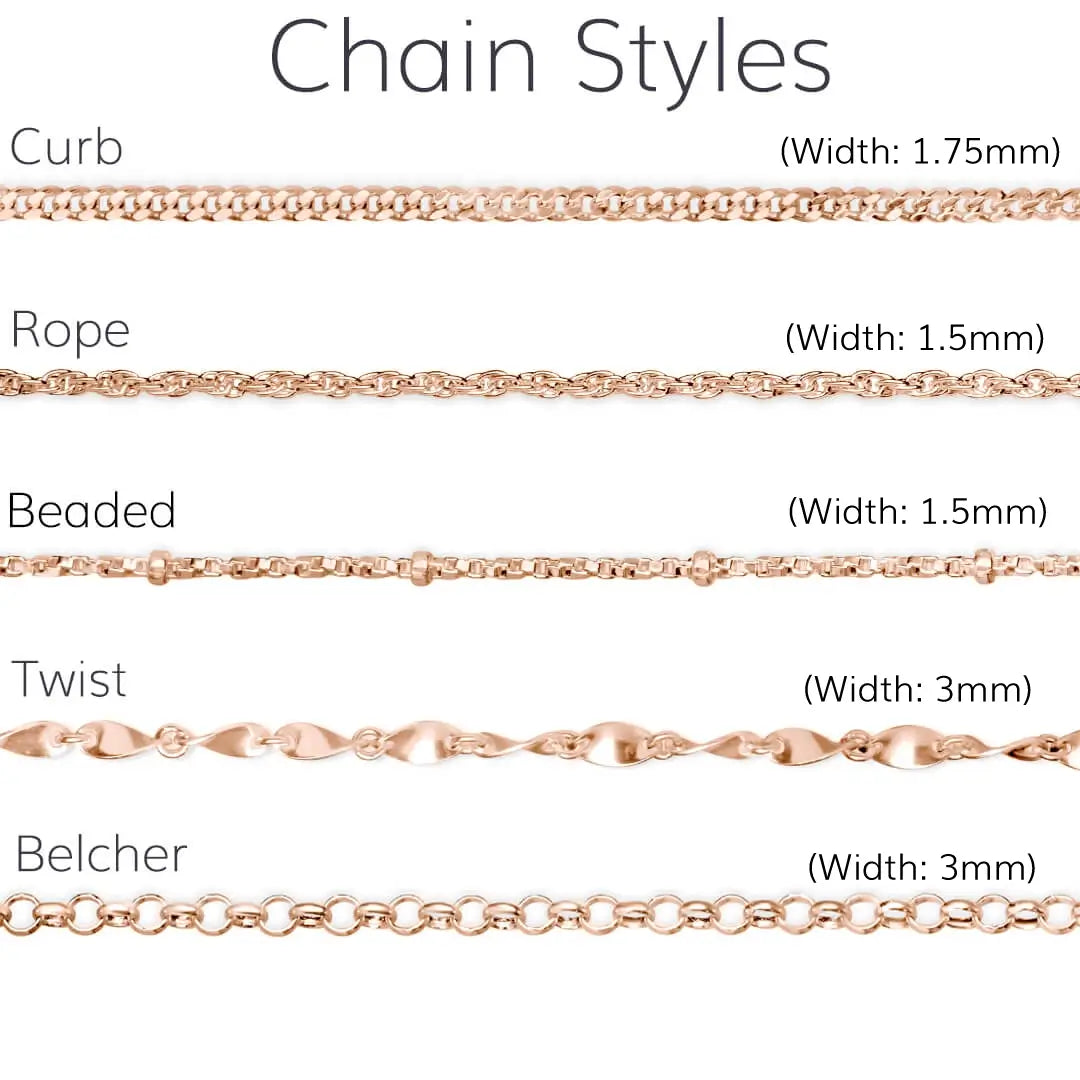 Comparison of different chain styles with their widths on a white background