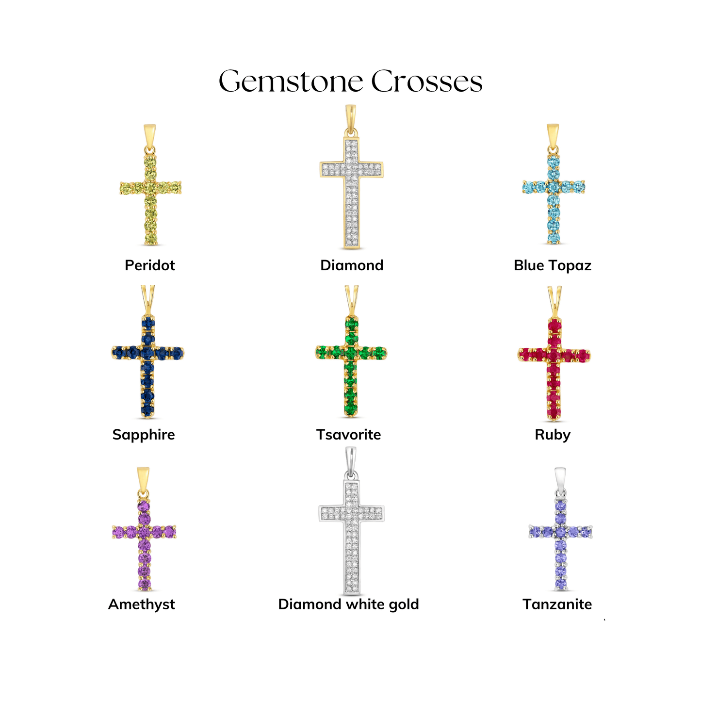 gemstone crosses selection, gemstone and metal type options, peridot, gold diamond, blue topaz, sapphire, tsavorite, ruby, amethyst, white gold diamond, tanzanite.