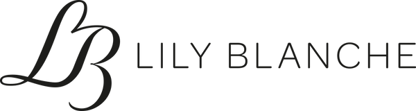 logo of the luxury personalised jewellery brand Lily Blanche, showing a calligraphy style 'LB' and then the name 'Lily Blanche', both in black text