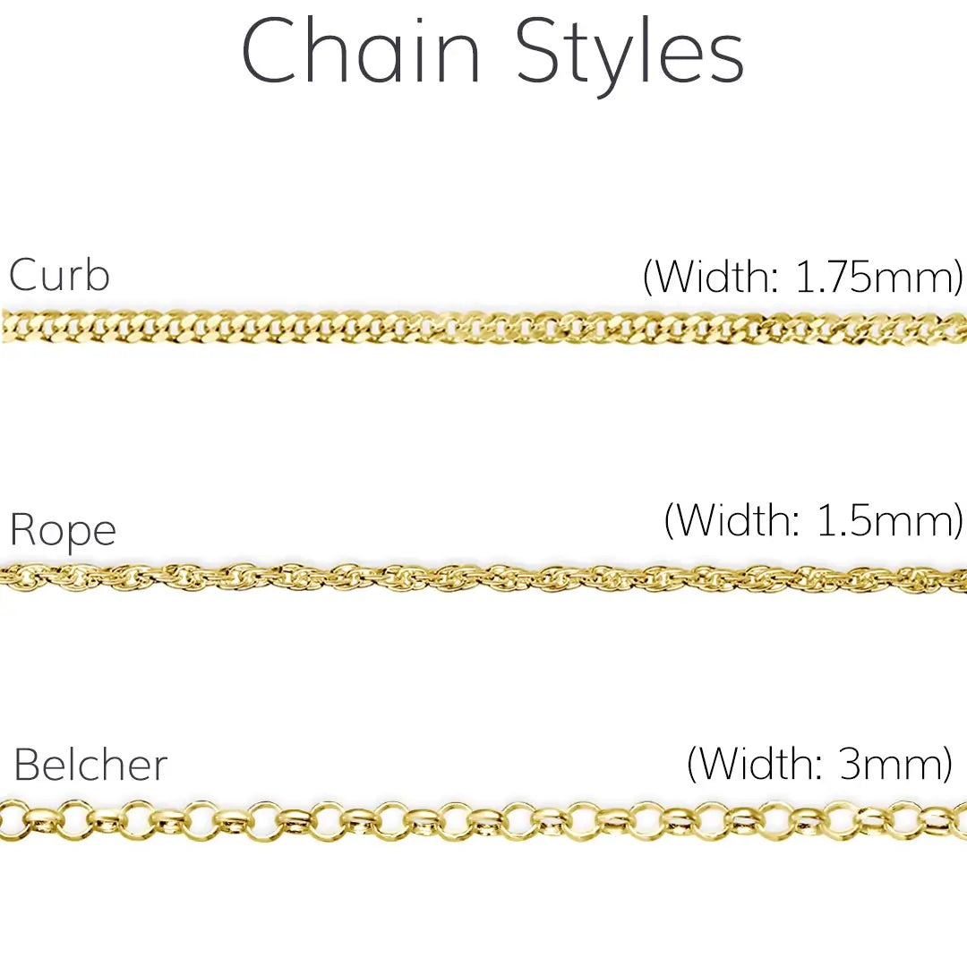 Gold chain styles guide for men featuring curb rope and belcher chains with width details
