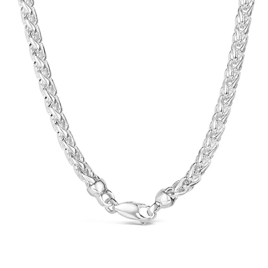 Sterling silver spiga chain necklace with secure lobster clasp fastening, close-up on white background