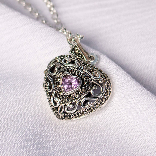 Amethyst Vintage Heart Locket Silver + Photos