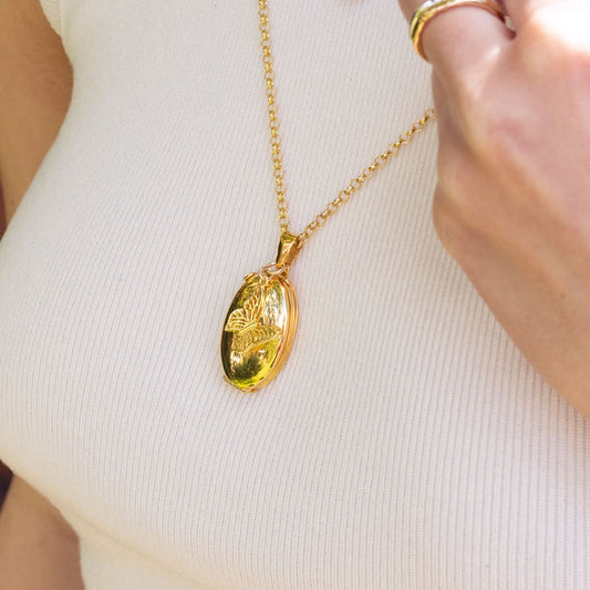 Four Photo Oval Butterfly Locket Gold + Photos