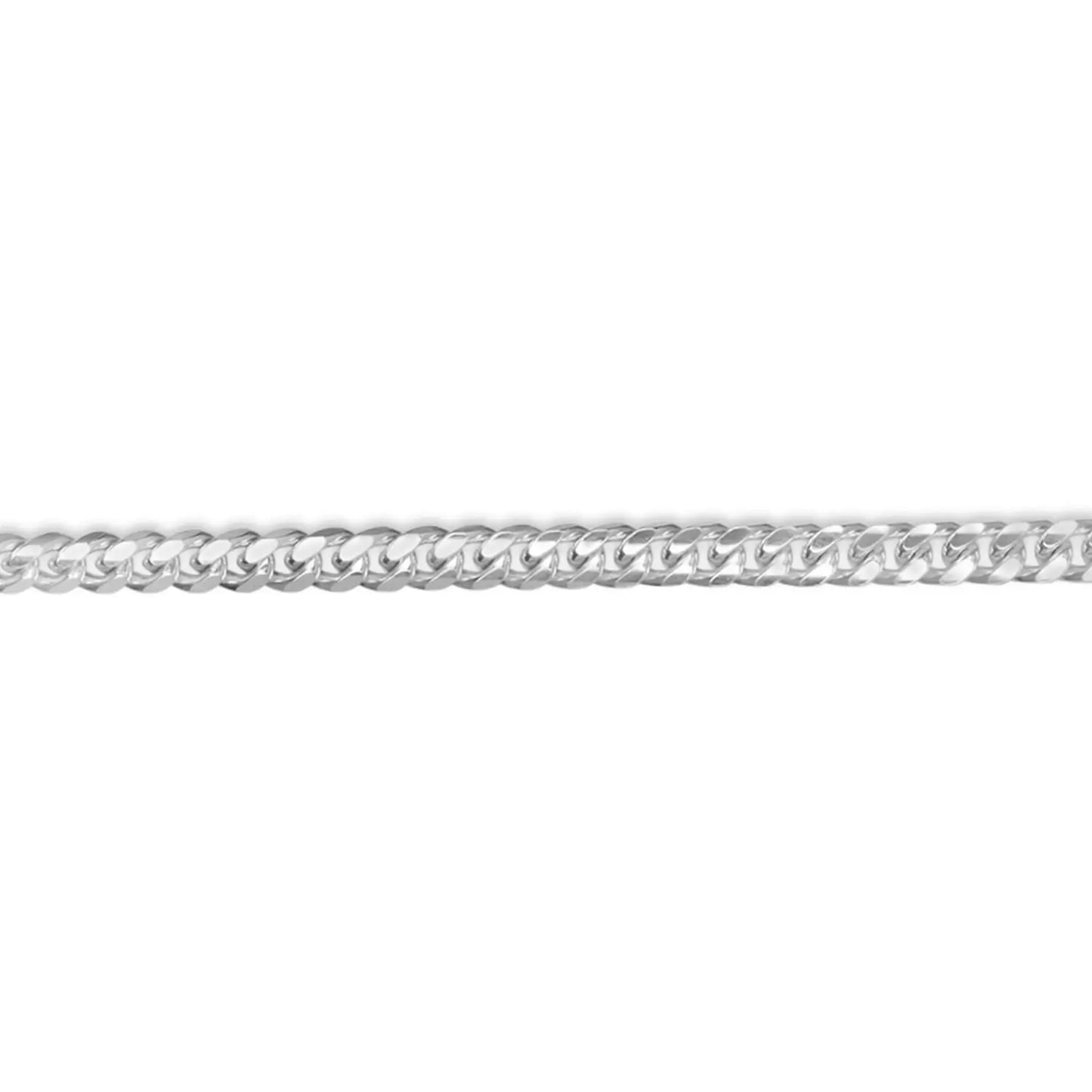 Flat sterling silver Cuban link chain laid out horizontally on a white background.