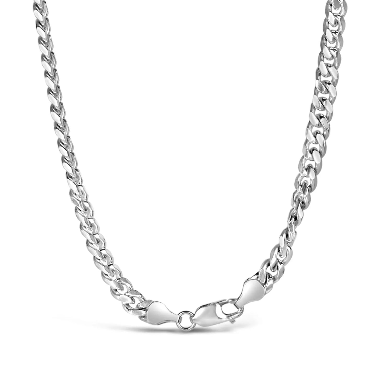 Sterling silver Cuban link chain necklace with lobster clasp displayed on white background.
