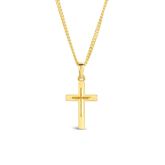 gold cross style necklace on a gold chain on a white background