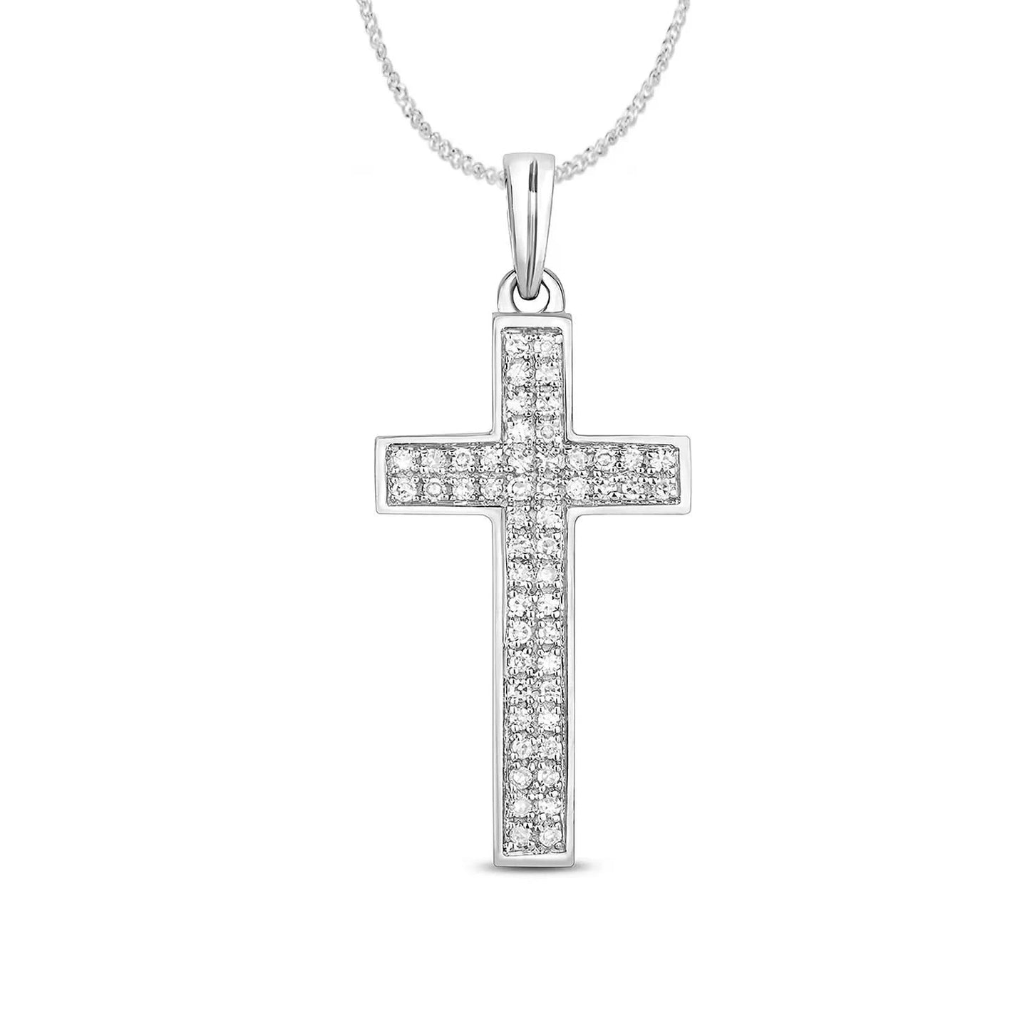 52 diamond cross necklace in solid 9 carat white gold with 9 carat white gold chain on a white background
