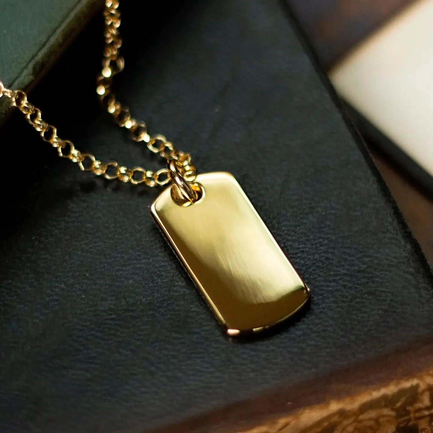 Close-up of gold dog tag necklace on dark leather background