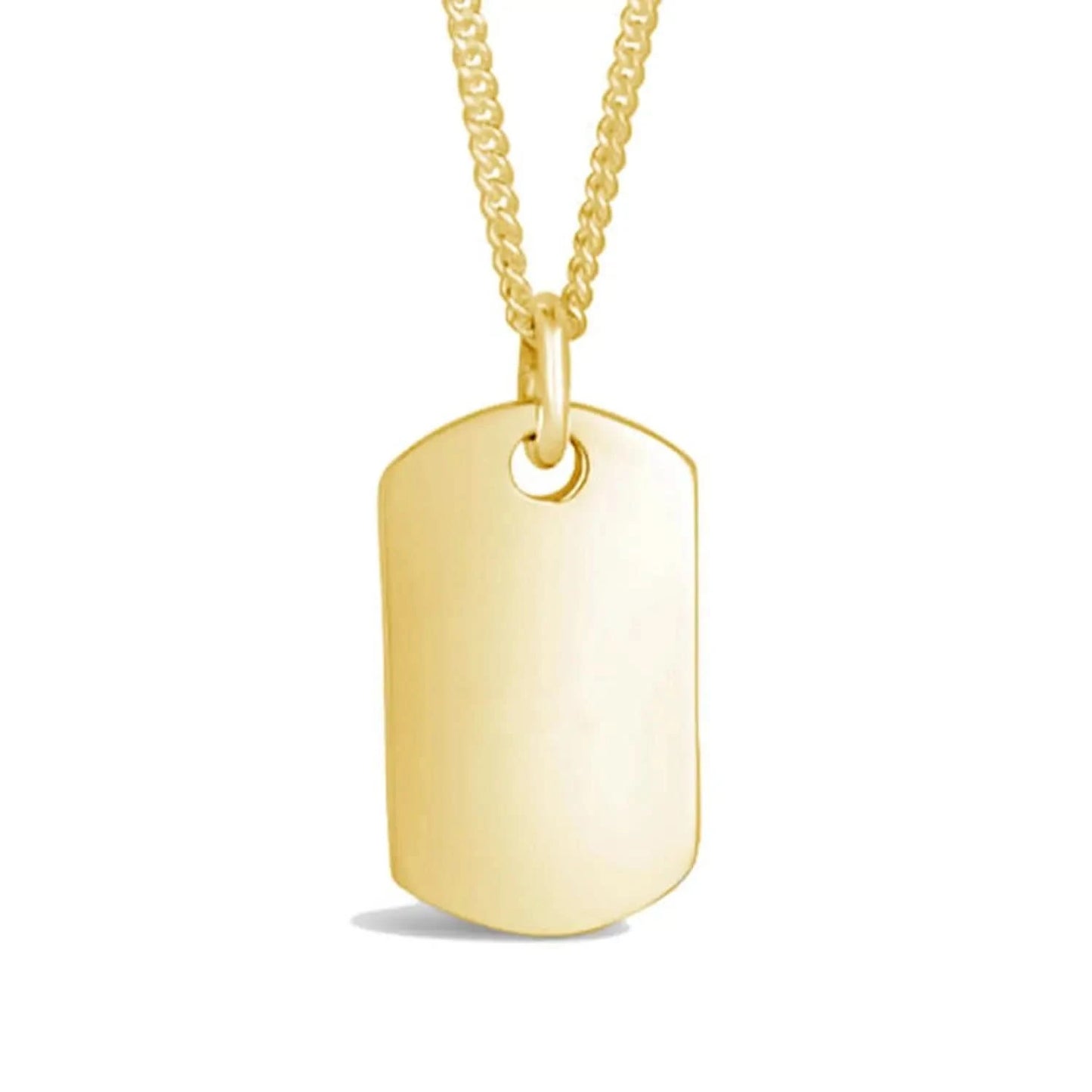 large gold dog tag with chain, white background