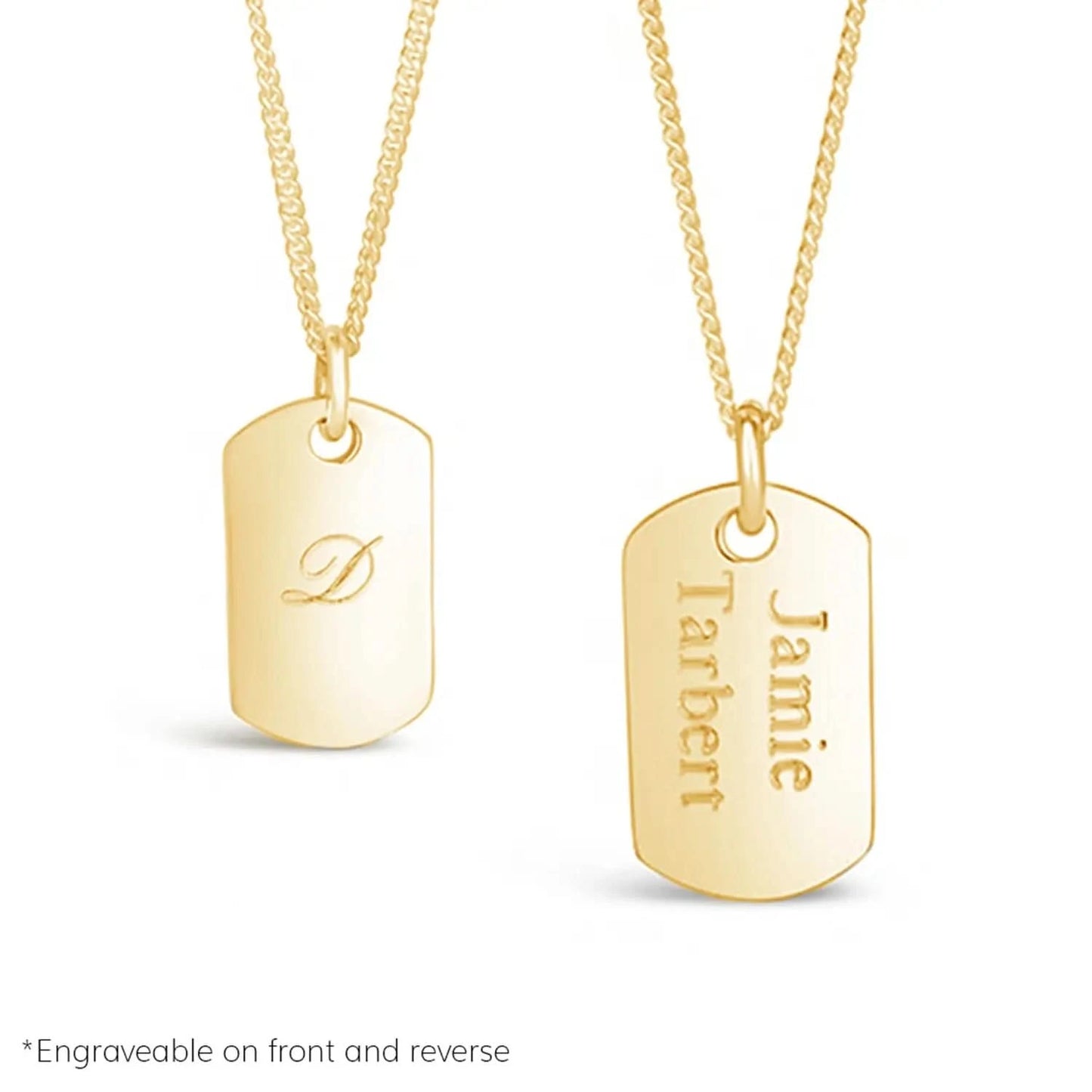 gold dog tag with chain, front and back engraving