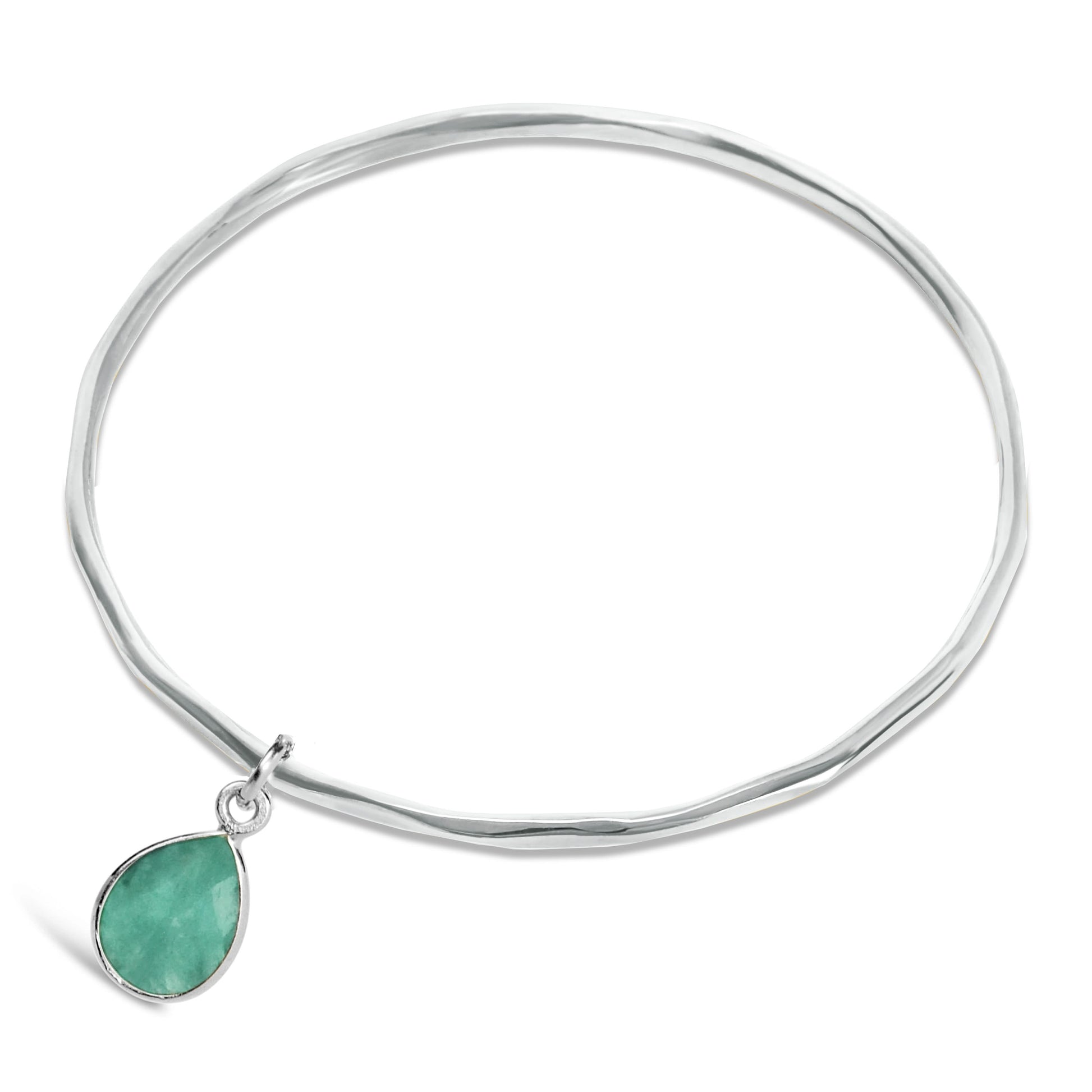 Chrysoprase gemstone silver bangle on a white background