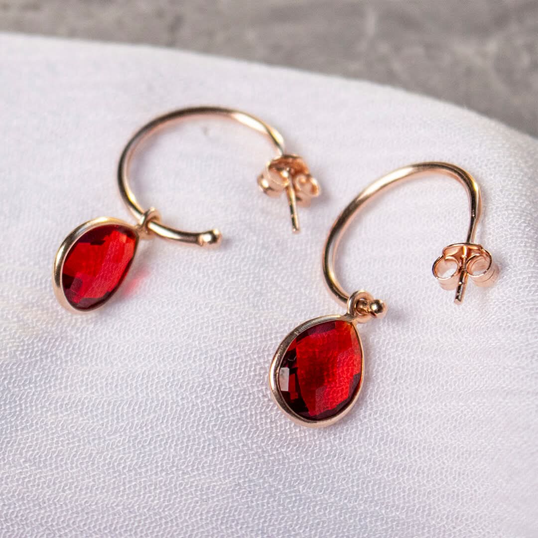 Garnet Drop Hoop Earrings Rose Gold | January Birthstone