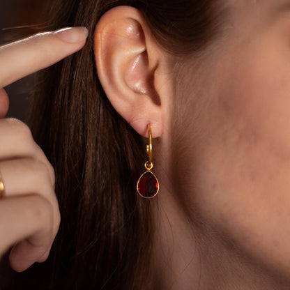 Garnet Drop Hoop Earrings | Gold - January