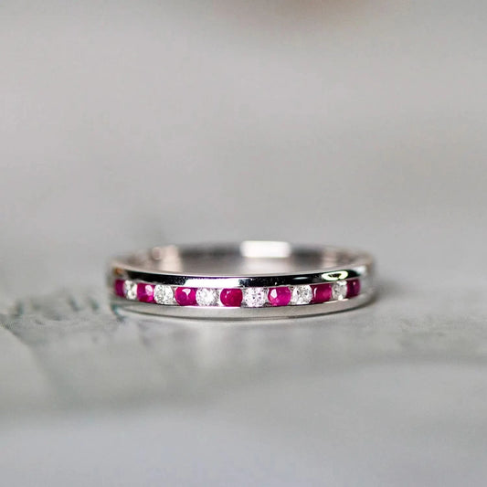ruby and diamond solid white gold band ring