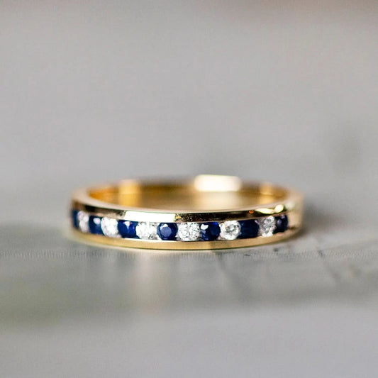 sapphire and diamond solid gold band ring