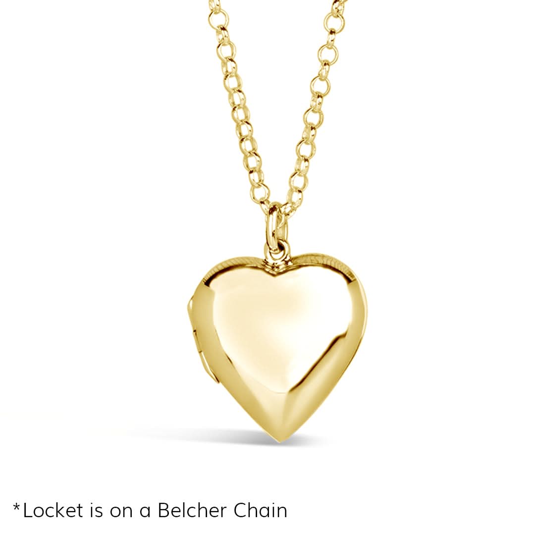 product photo of a gold heart-shaped locket on a belcher chain, shown closed and centered on a white background