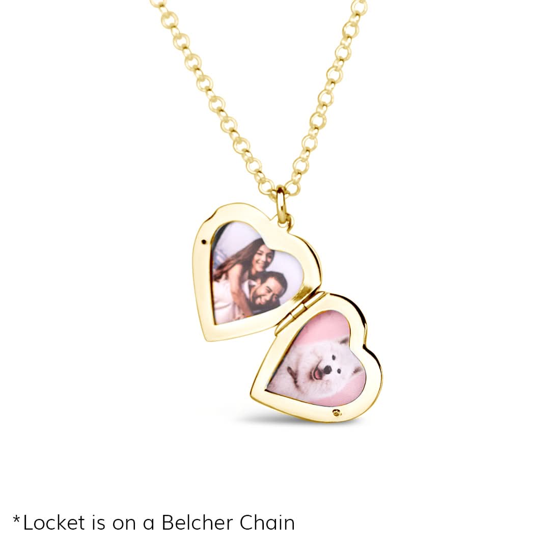 Gold heart locket necklace with two photo inserts on belcher chain against a white background
