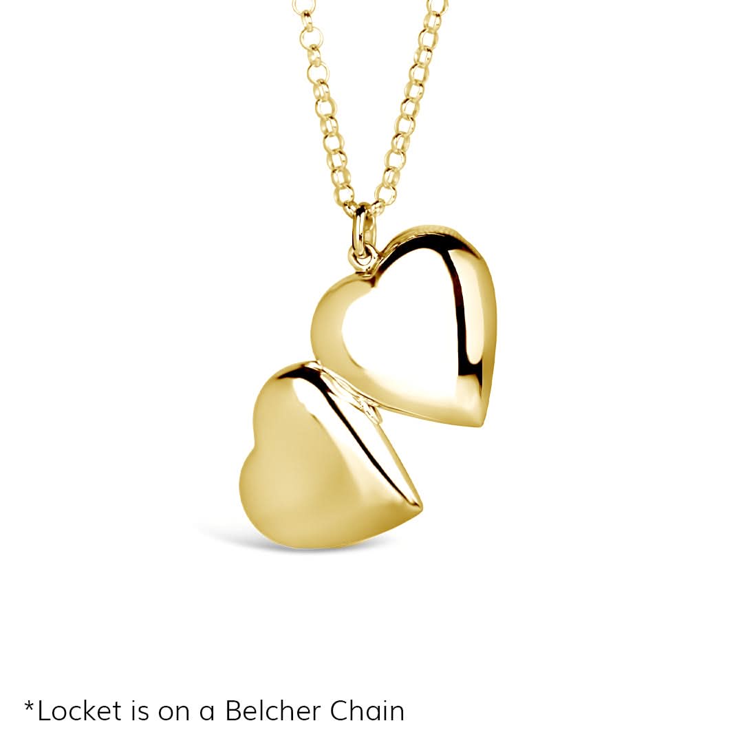 Plain gold heart locket necklace open with empty photo frames on Belcher chain against a white background