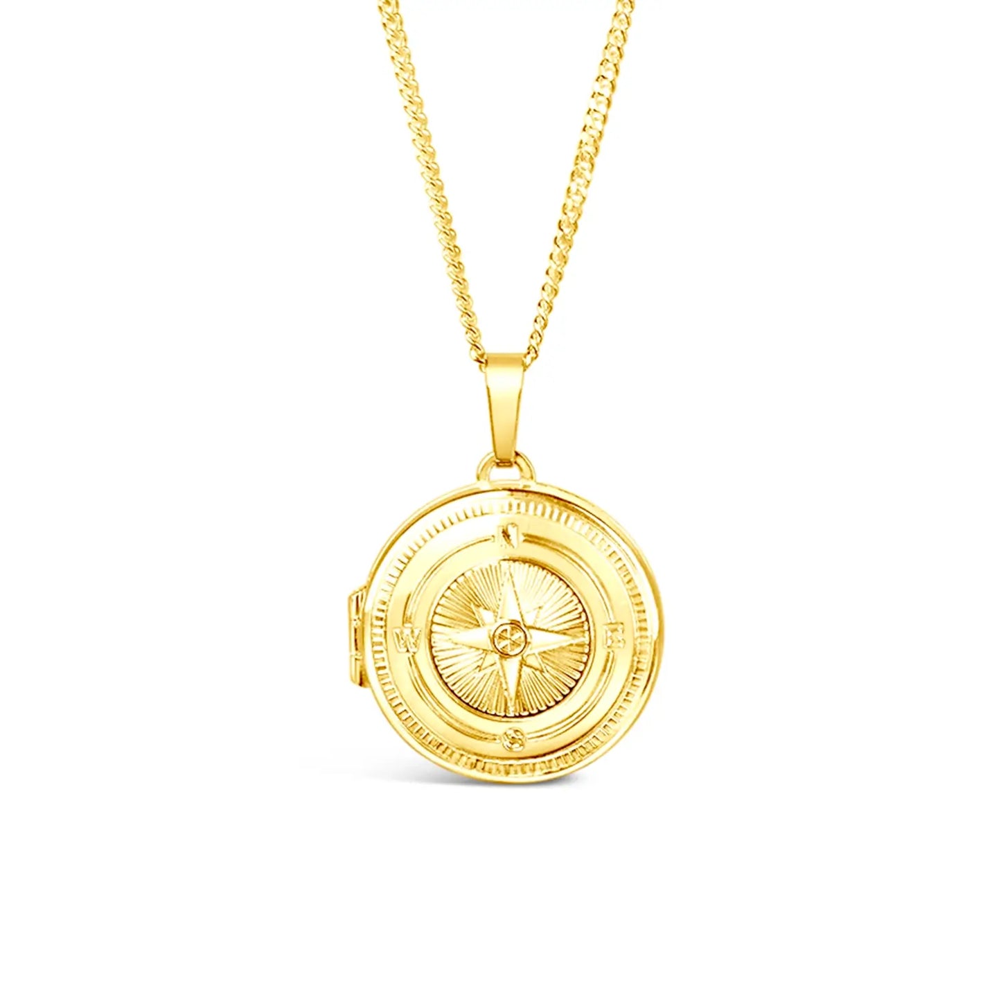 Gold compass pendant necklace on a white background front view