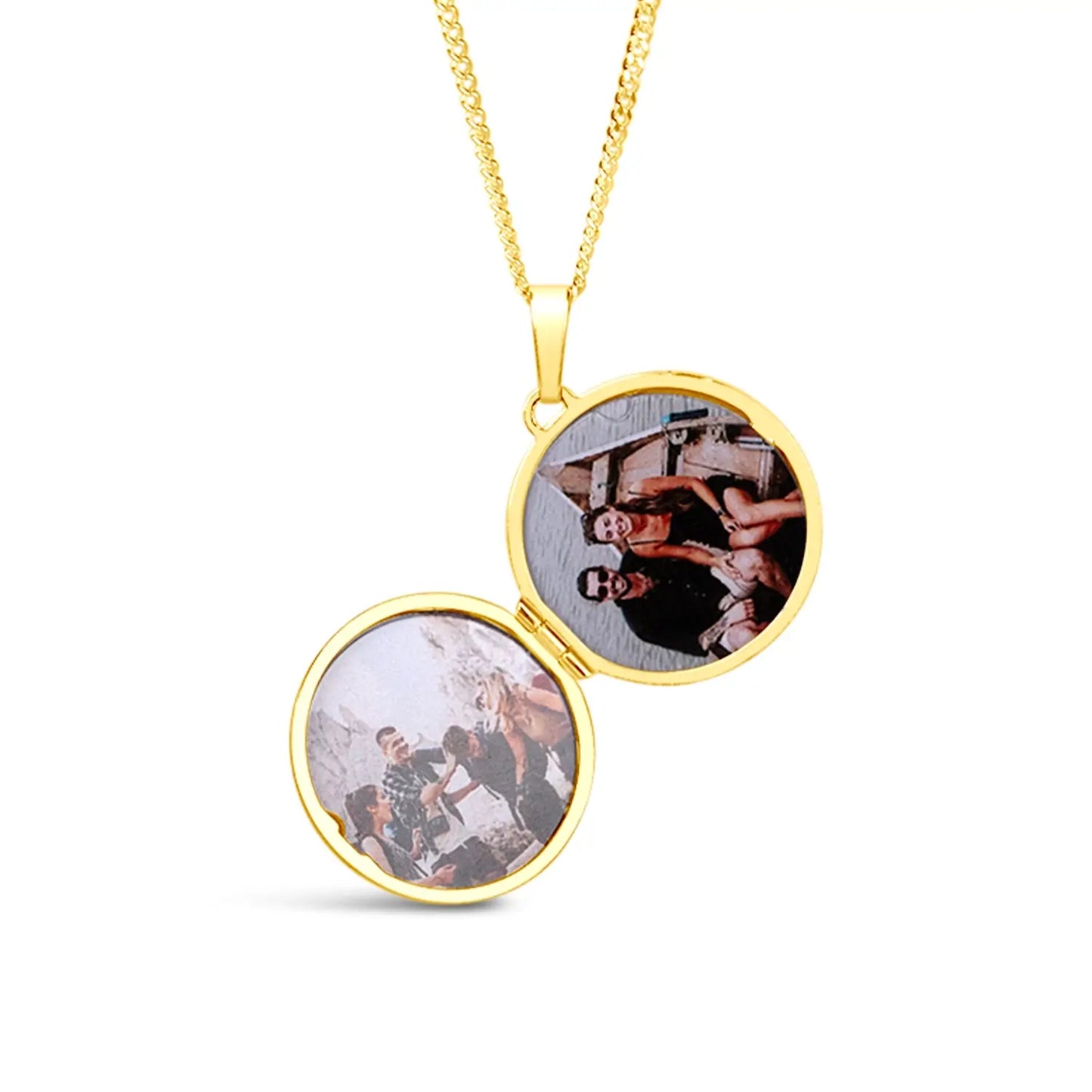 Gold locket necklace with two circular photo panels on a white background