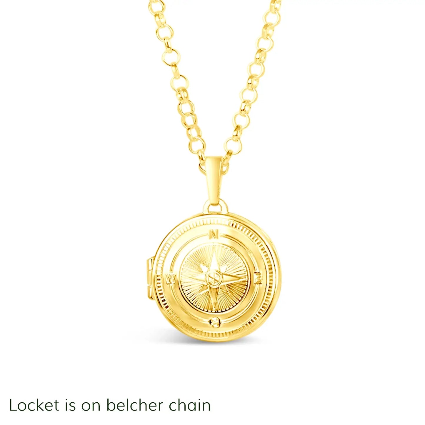 Gold compass locket on a belcher chain against a white background