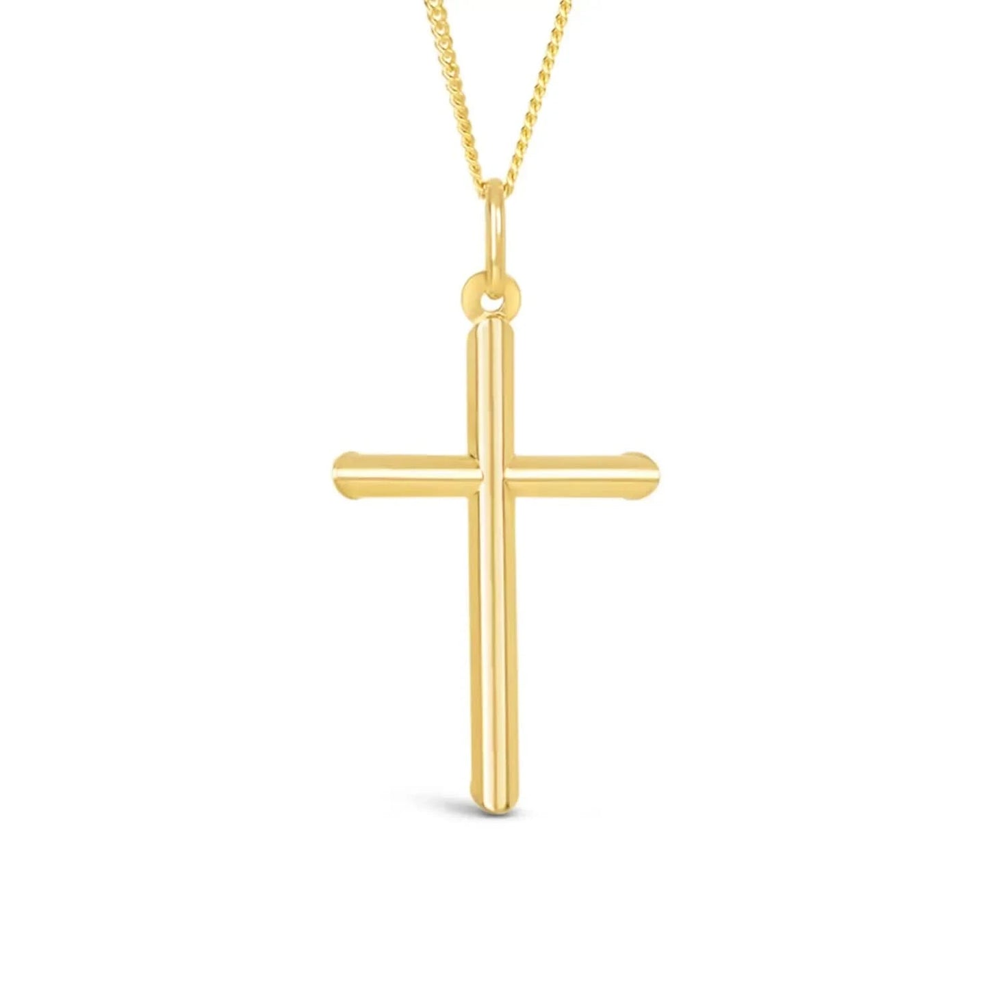 gold cross necklace, sturdy gold curb chain, high polish finish, rounded edges, stylish solid gold pendant for men and women, white background