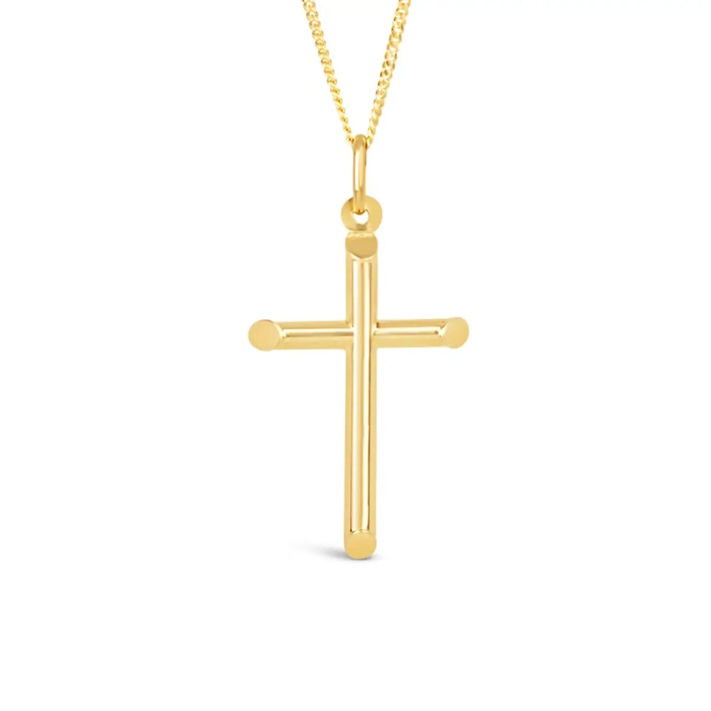 gold cross necklace, sturdy gold curb chain, high polish finish, rounded edges, solid gold pendant for men and women, white background