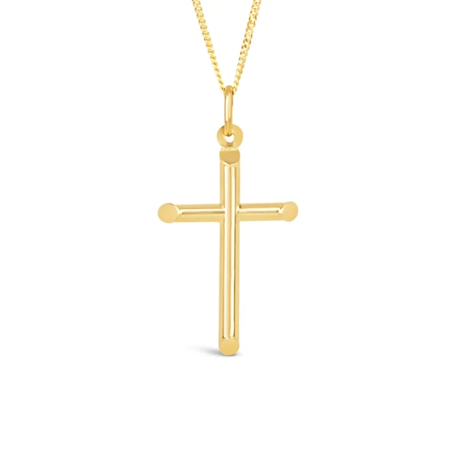 gold cross necklace, sturdy gold curb chain, high polish finish, rounded edges, solid gold  pendant for men and women, white background