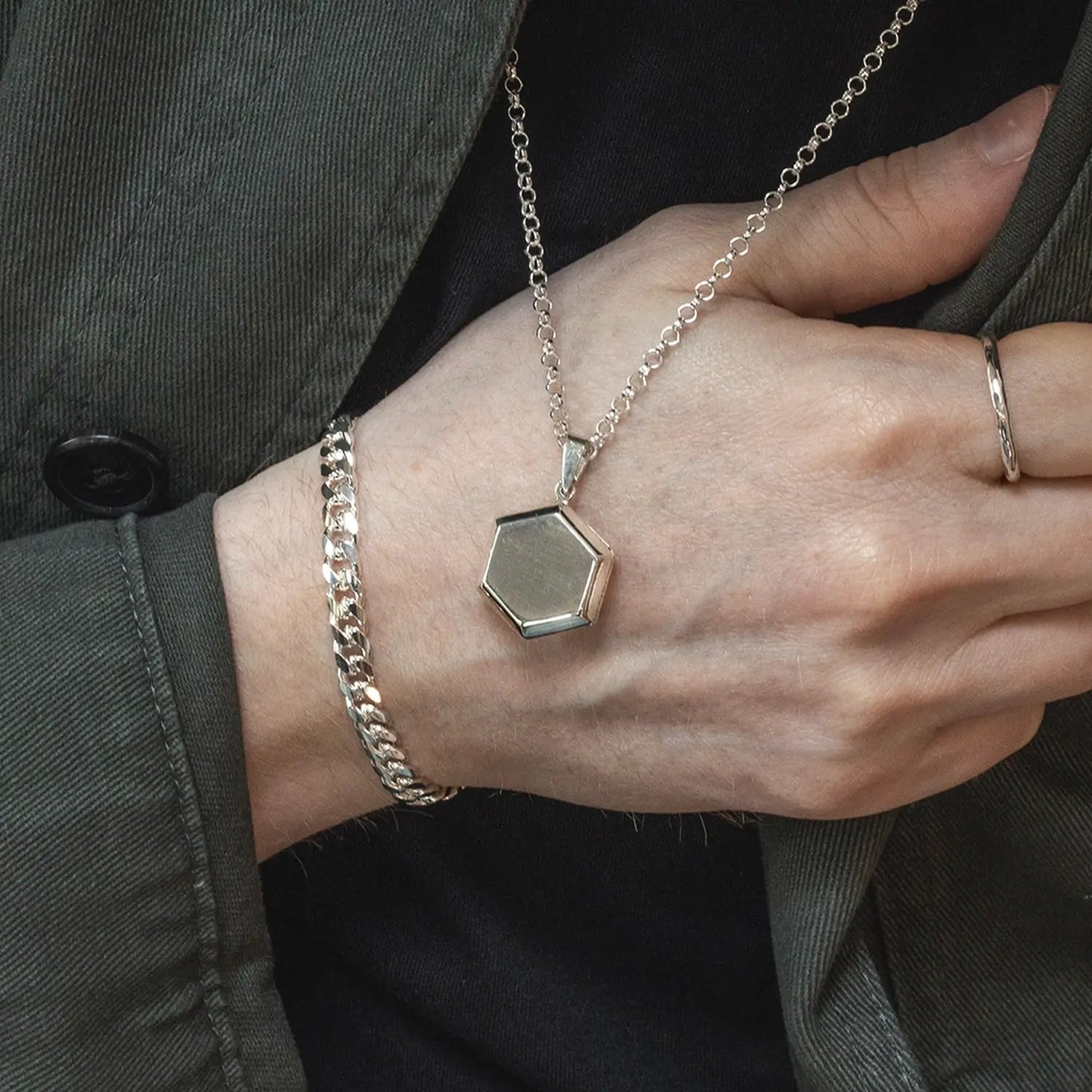 Men's Hexagon Locket Necklace Silver + Photos