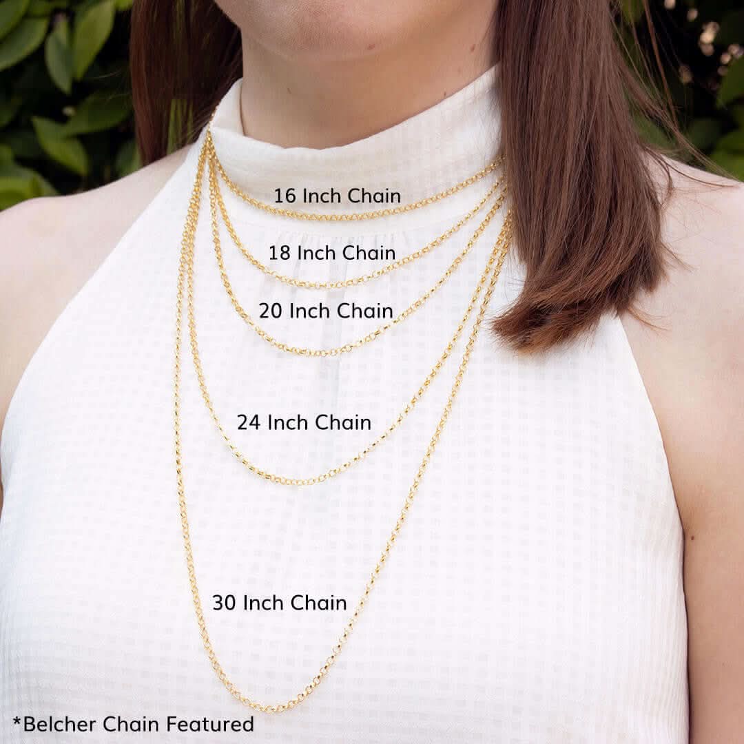 woman wearing multiple gold chains of different lengths labelled 18 inches, 20 inches, 24 inches, and 30 inches to show chain length comparison.