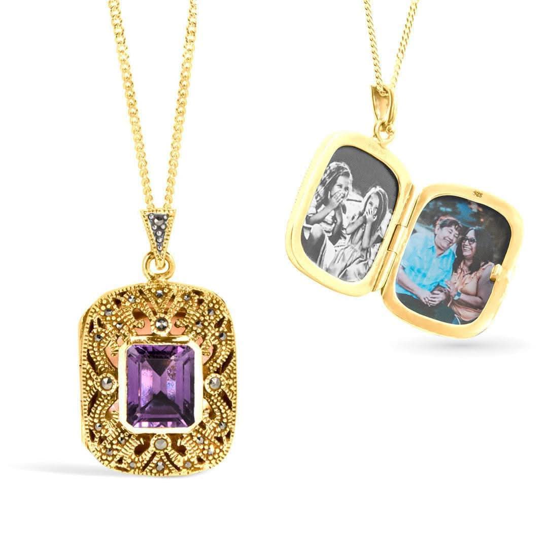 Rectangular Amethyst vintage heart locket in gold vermeil
