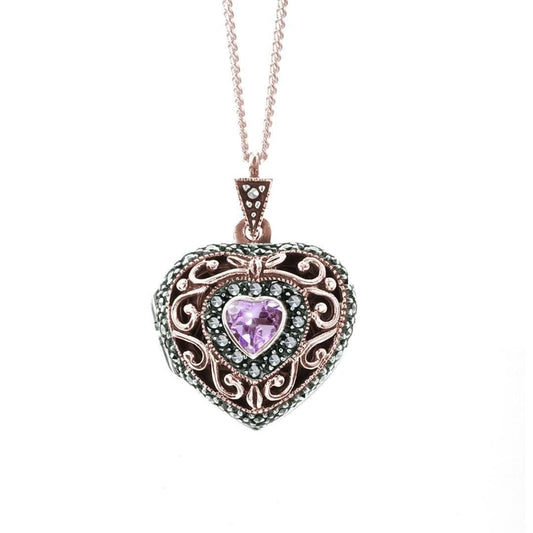 Lily Blanche rose gold vintage heart locket with purple amethyst gemstone