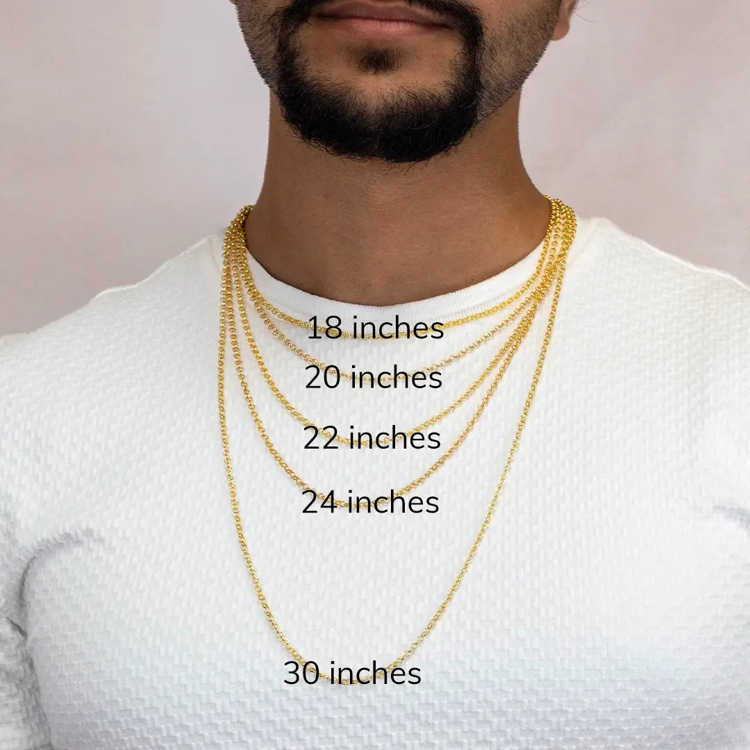 Man wearing a series of solid gold 9 carat chain necklaces with labelled length options on a plain white background