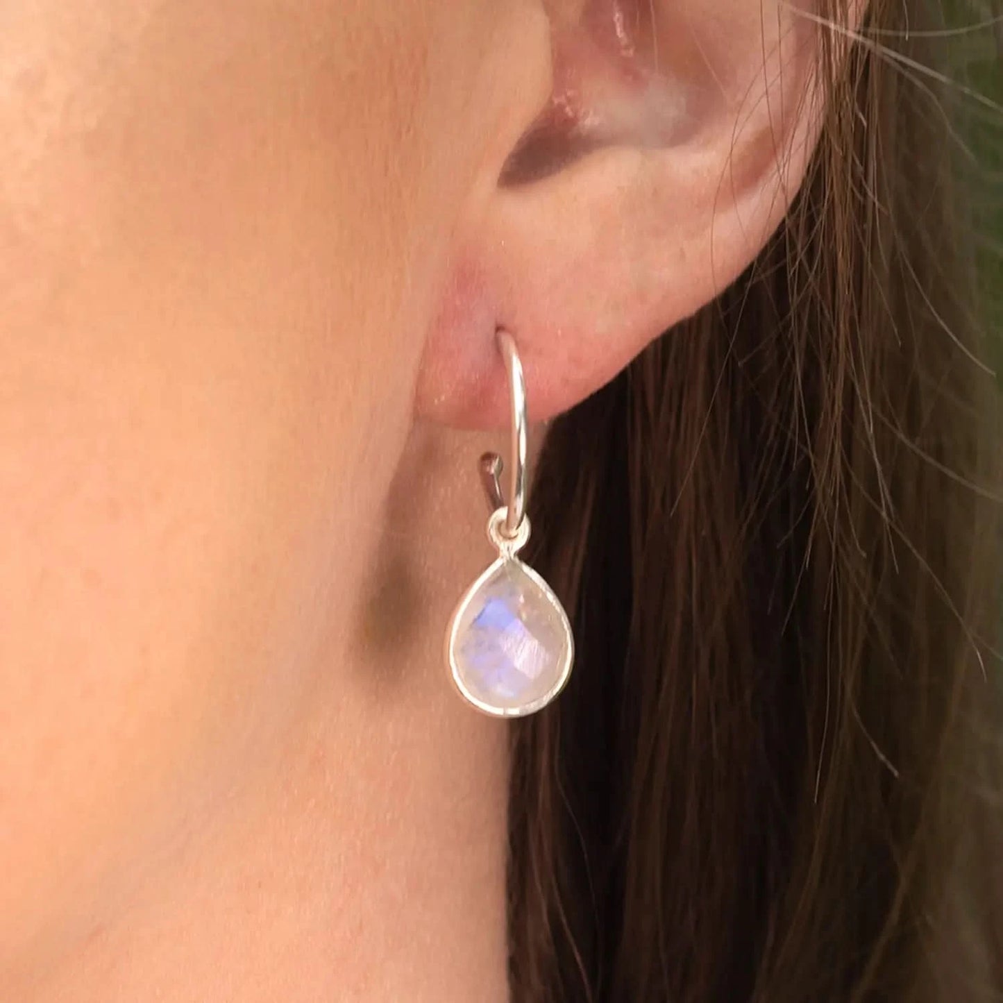 Moonstone Drop Hoop Earrings in Silver | June Birthstone