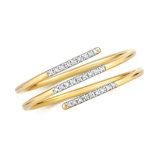 multi diamond spiral gold band ring on white background