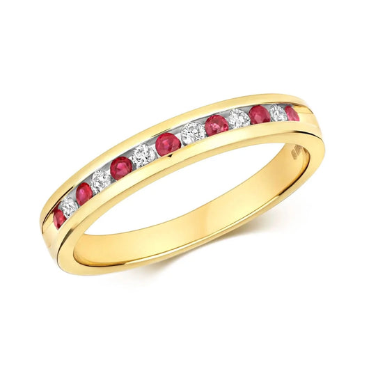 buy ruby and diamond gold half eternity band ring on white background