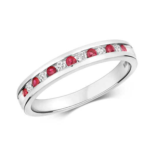 ruby and diamond solid white gold band  ring on white background