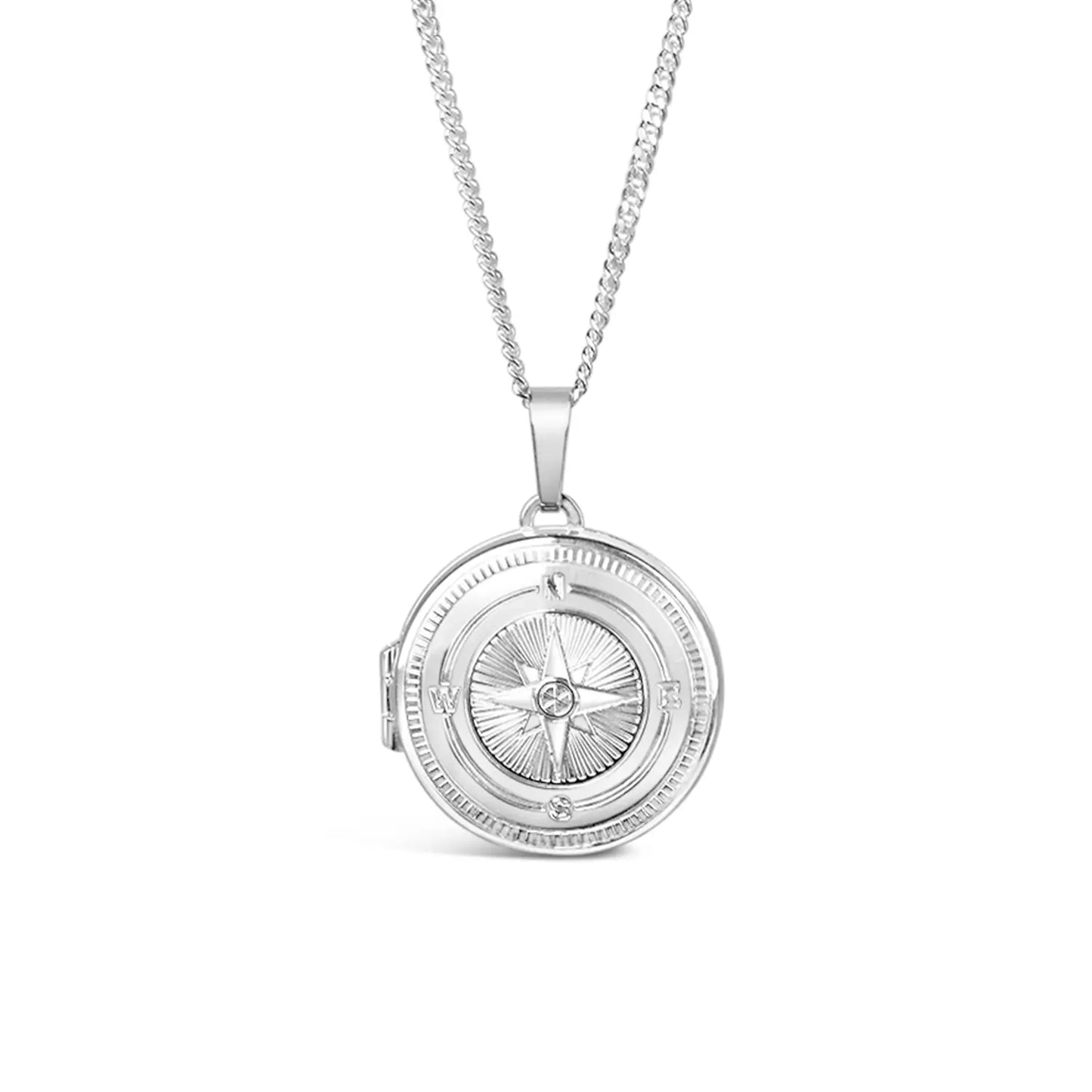 Silver compass locket necklace on a white background on a silver curb chain