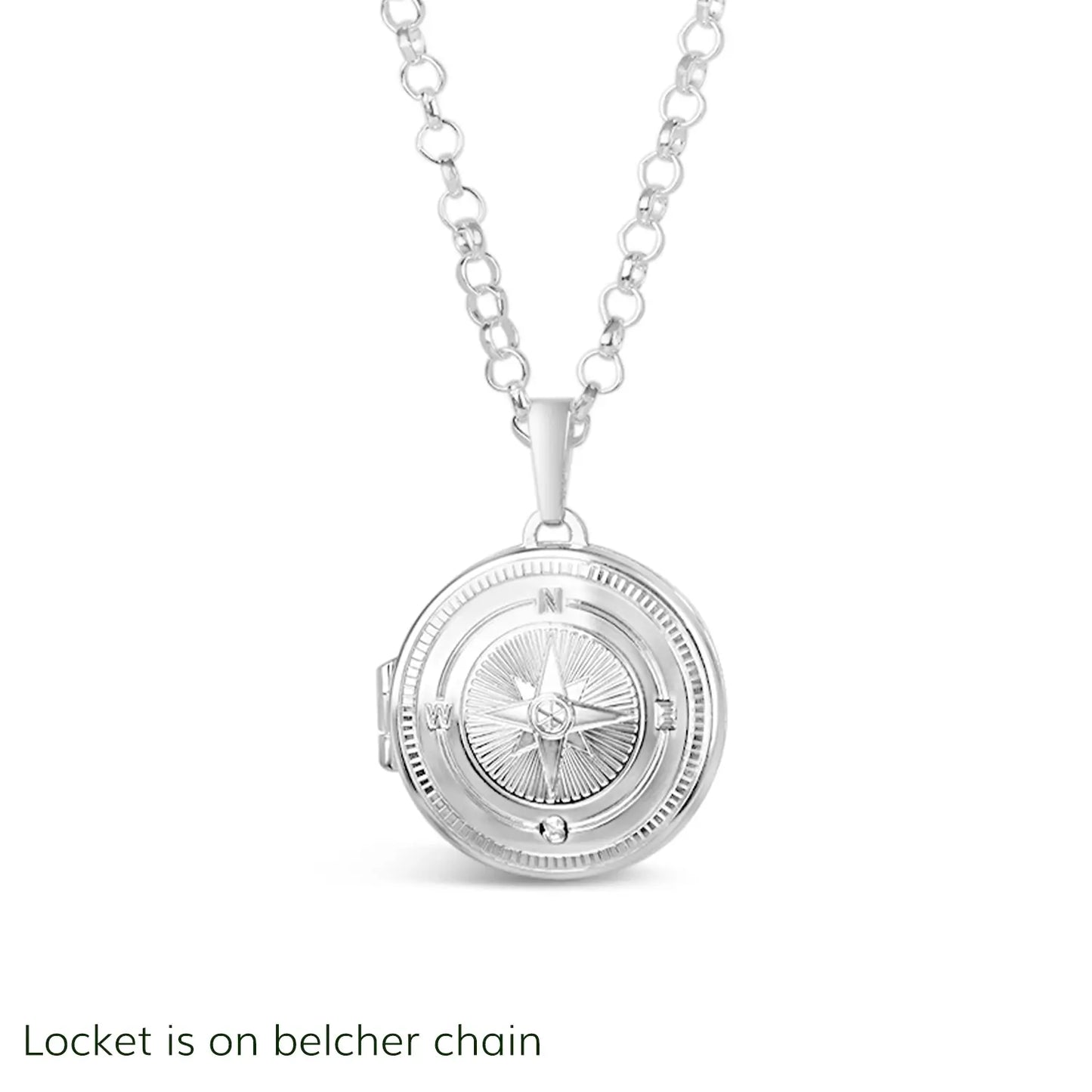 Silver locket on a belcher chain against a white background