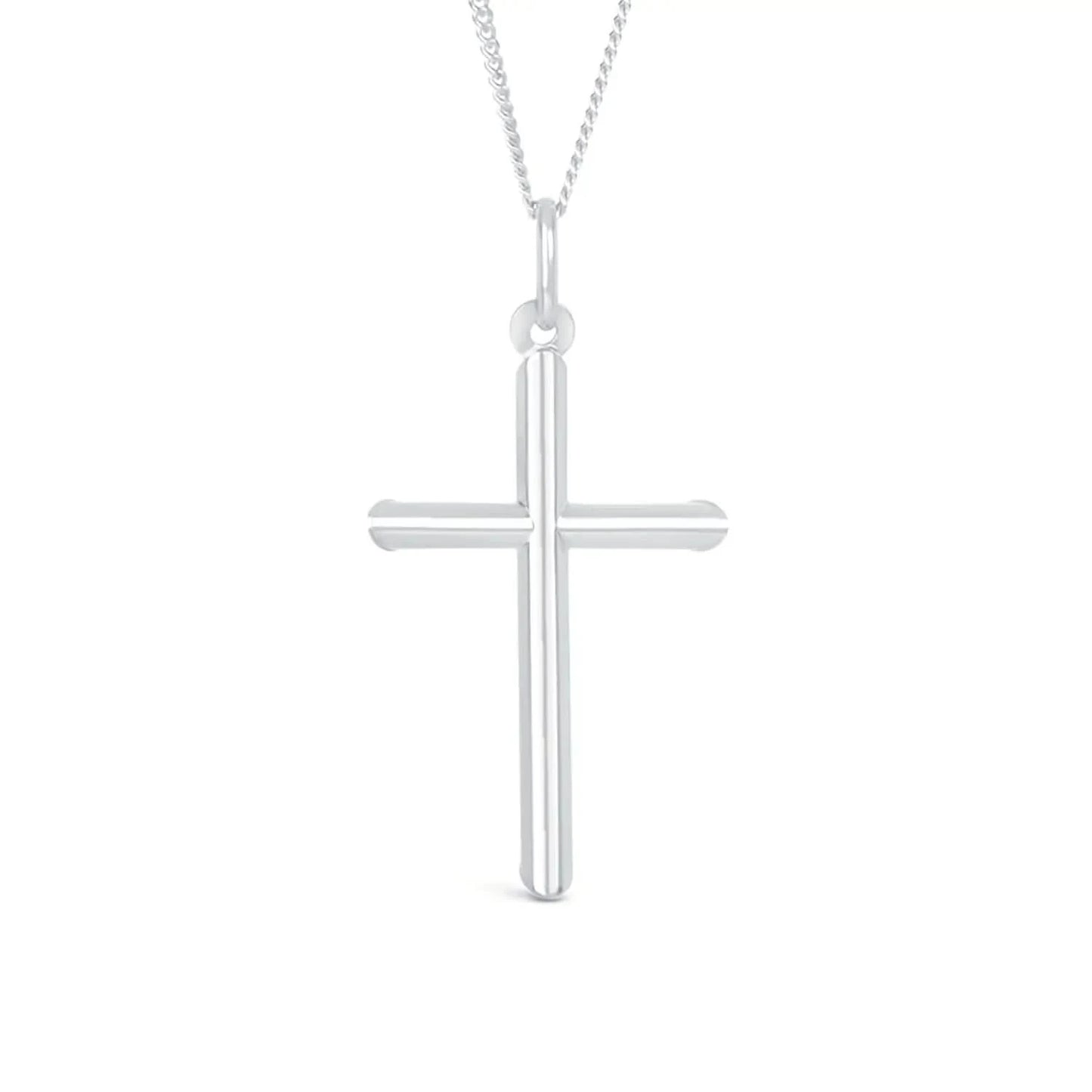 silver cross necklace, sturdy silver curb chain, high polish finish, rounded edges, religious Christian pendant for men and women