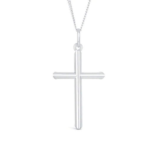 silver cross necklace, sturdy silver curb chain, high polish finish, rounded edges, religious Christian pendant for men and women