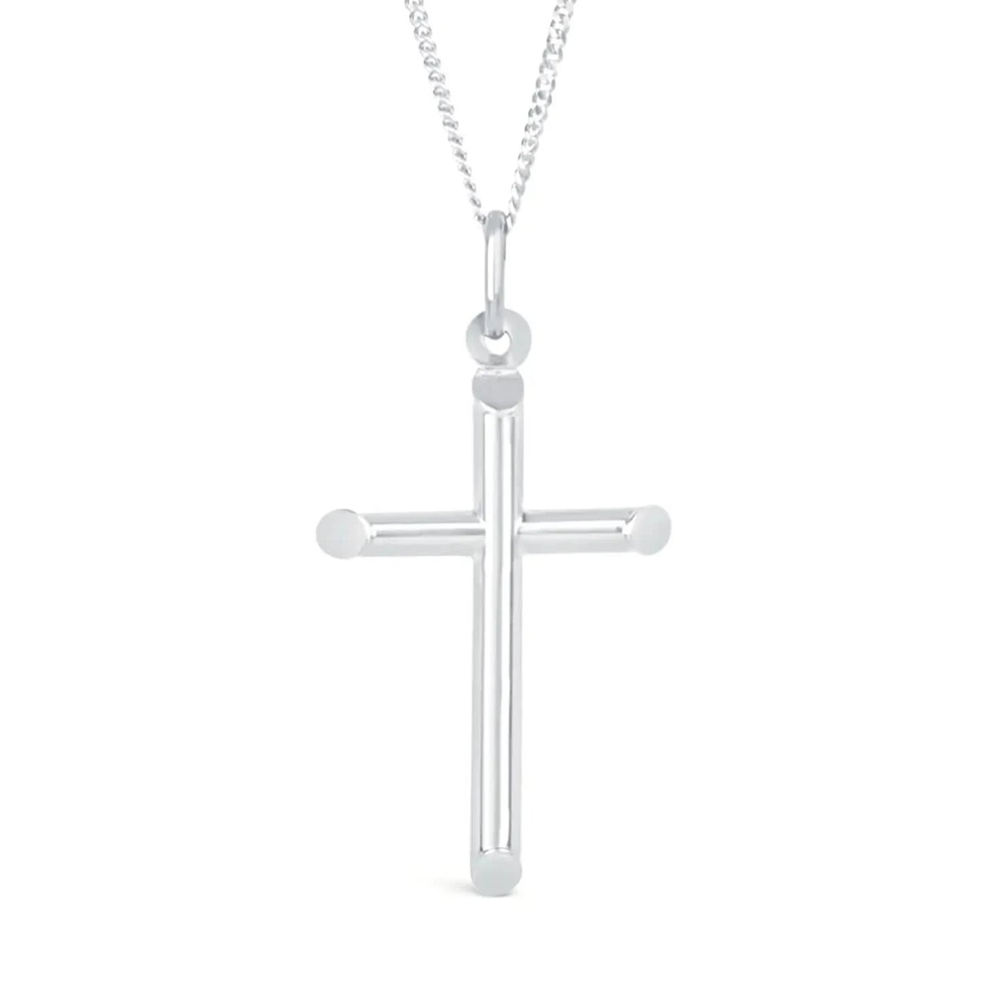 silver cross necklace, sturdy silver curb chain, high polish finish, rounded edges, religious Christian pendant for men and women, white background