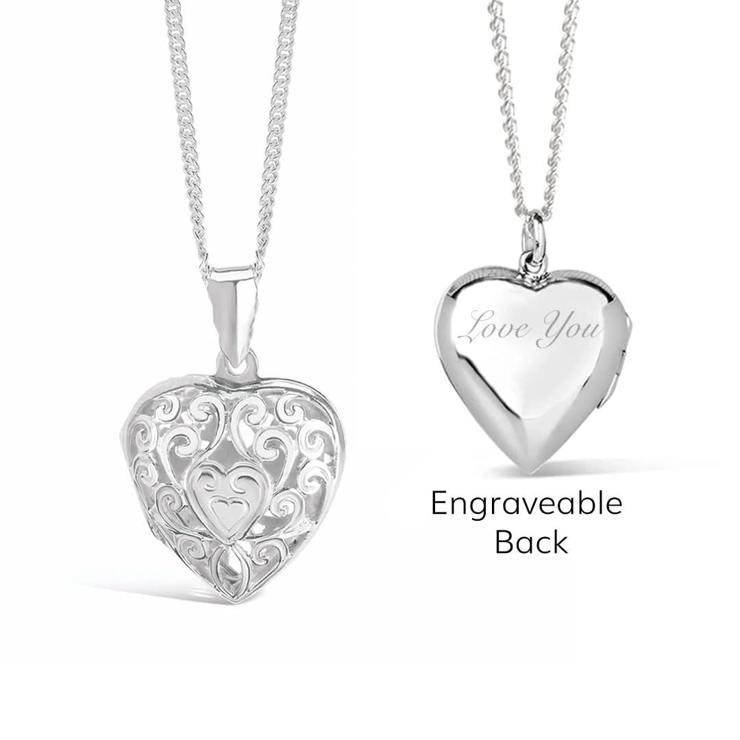 Filigree Heart Locket Necklace Silver + Photos & Engraving