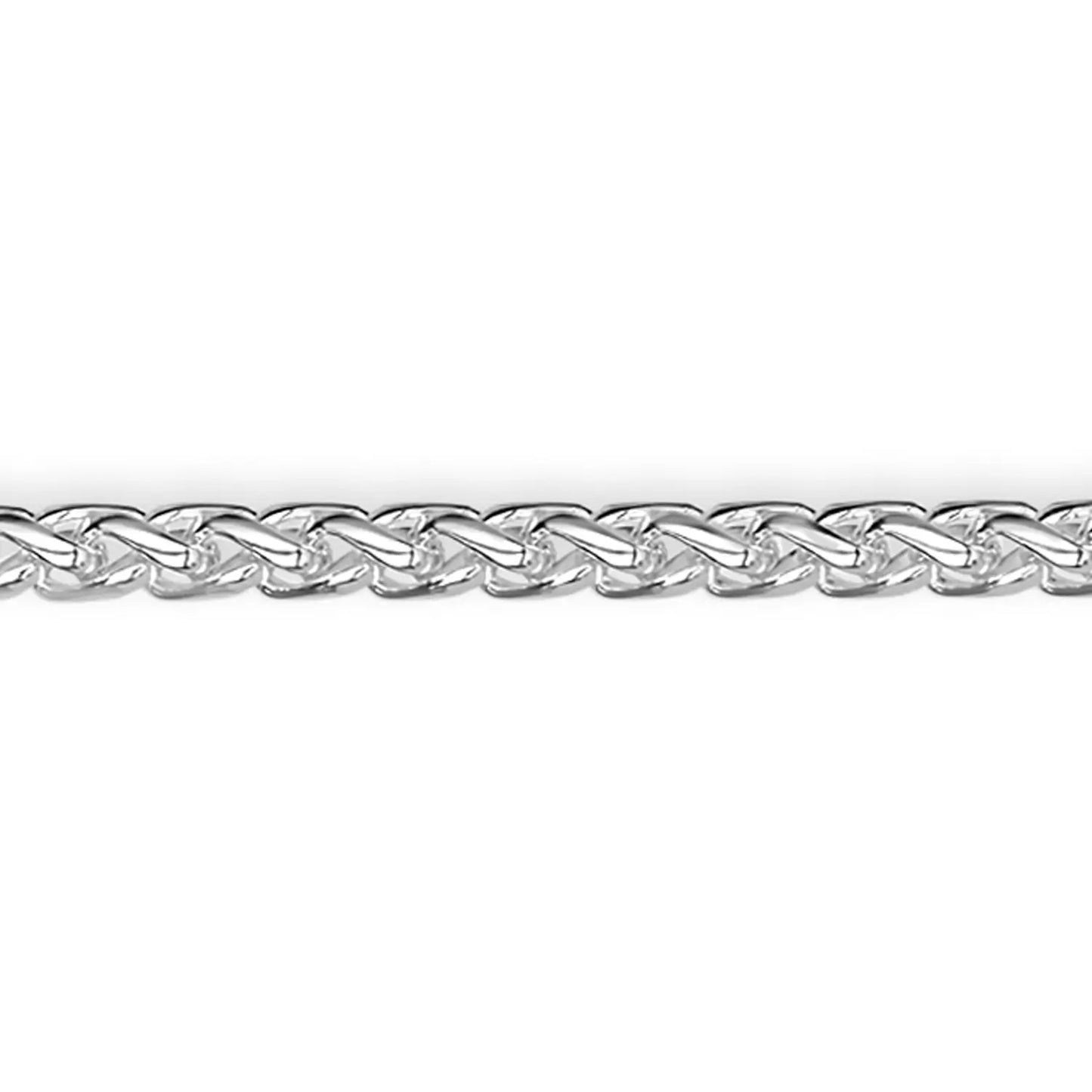 Detailed view of solid 925 sterling silver Spiga link pattern, high-shine wheat chain design for men