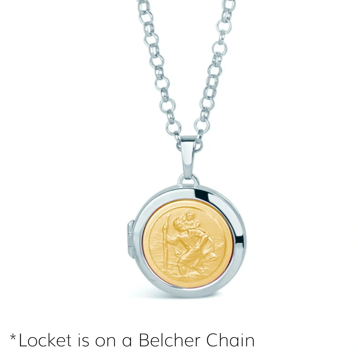 image of a front on view of a silver and gold st Christopher locket on a white background with a silver belcher chain