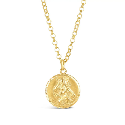 Gold st Christopher necklace with a round pendant on a white background