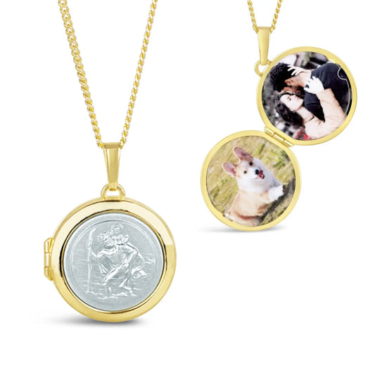 Gold St Christopher Locket with sterling silver central medallion on a gold vermeil chain, photographed closed and open with two photos